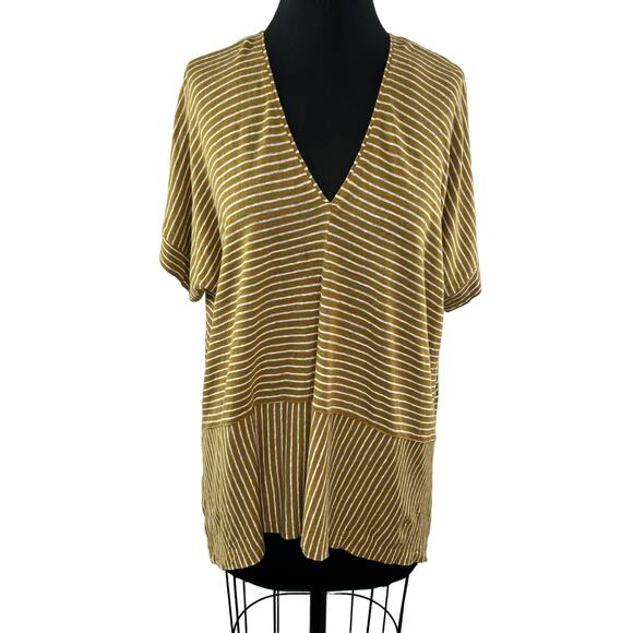 POETRY Brown Striped Linen V-Neck Dolman Side Slit Tunic Top Relaxed Casual 12 - Picture 1 of 9